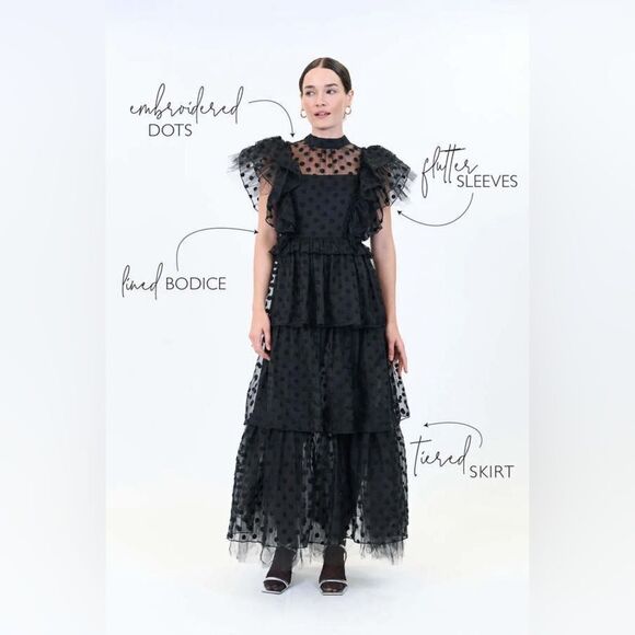 Anthropologie Hunter Bell Annabel Tiered Mock-Neck Ruffle-Sleeve Gown / size 2 - Picture 6 of 11